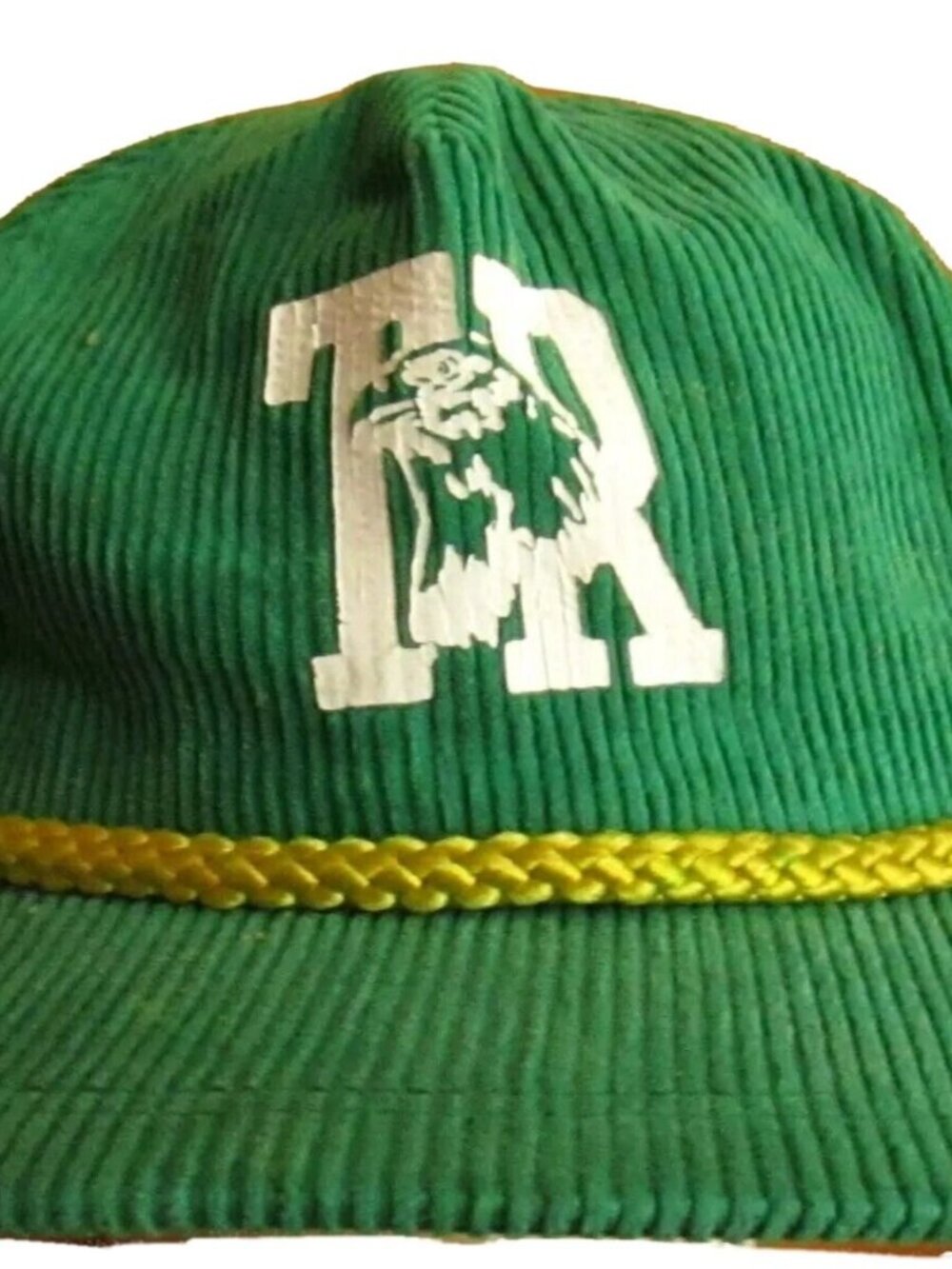 True Vtg  trucker Skater Cap  80s GREEN CORDUROY T.R. Hawks Logo Sportcap